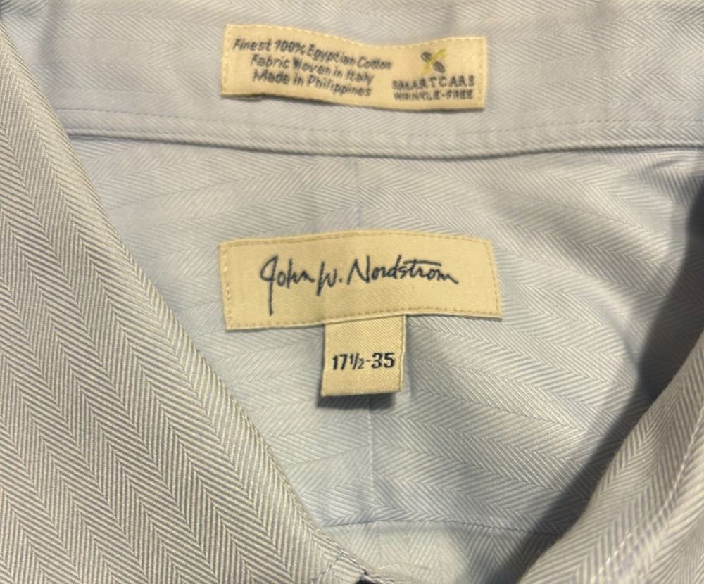 John W Nordstrom Menβs 17.5x35 Blue Egyptian Cotton Dress Shirt SmartCare Blue